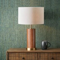 Laurence Tan Leather And Brass Cylindrical Table Lamp